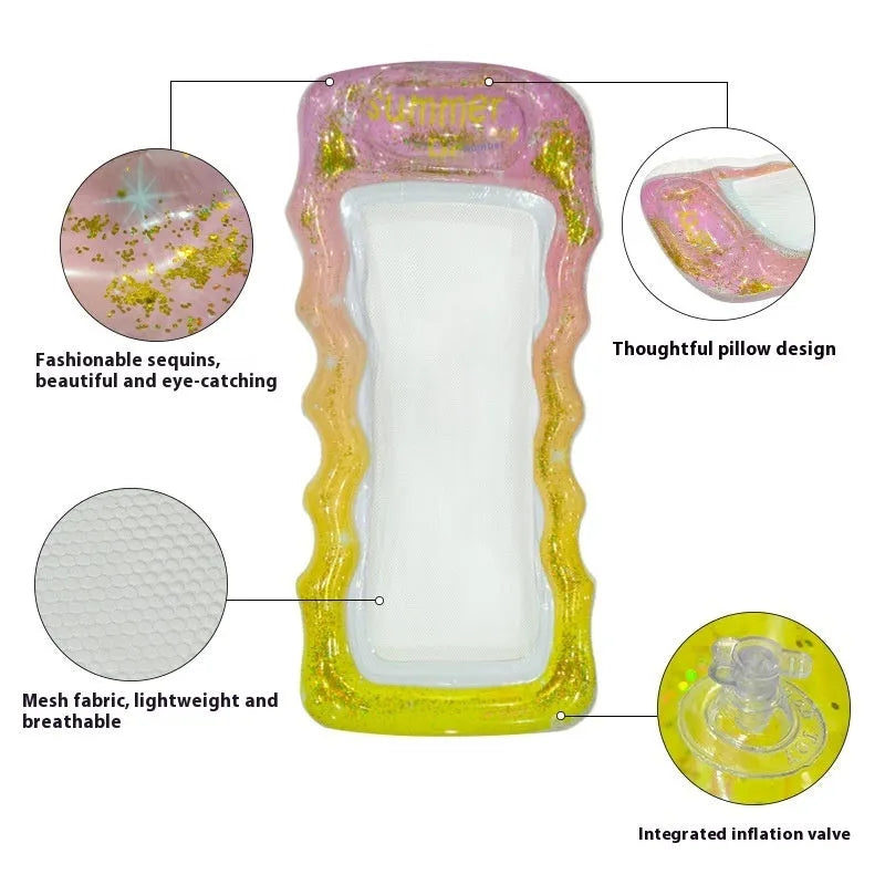 Inflatable floating row with wave sequin designs and canopy options in various colours