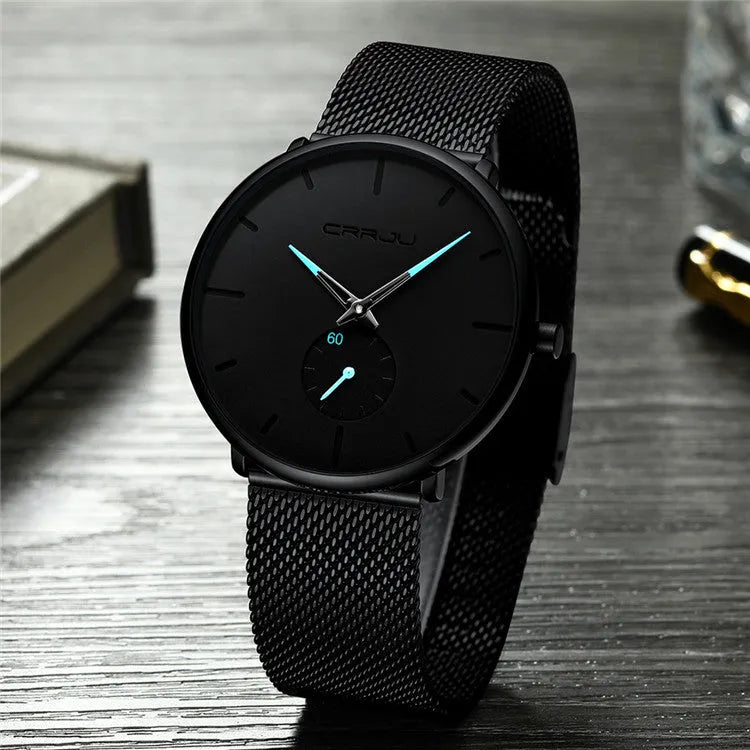 Simple ultra-thin round mesh belt watch with blue needle display