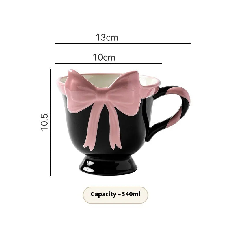 Ceramic heart bow mug in black pink or white powder with 301-400ml capacity