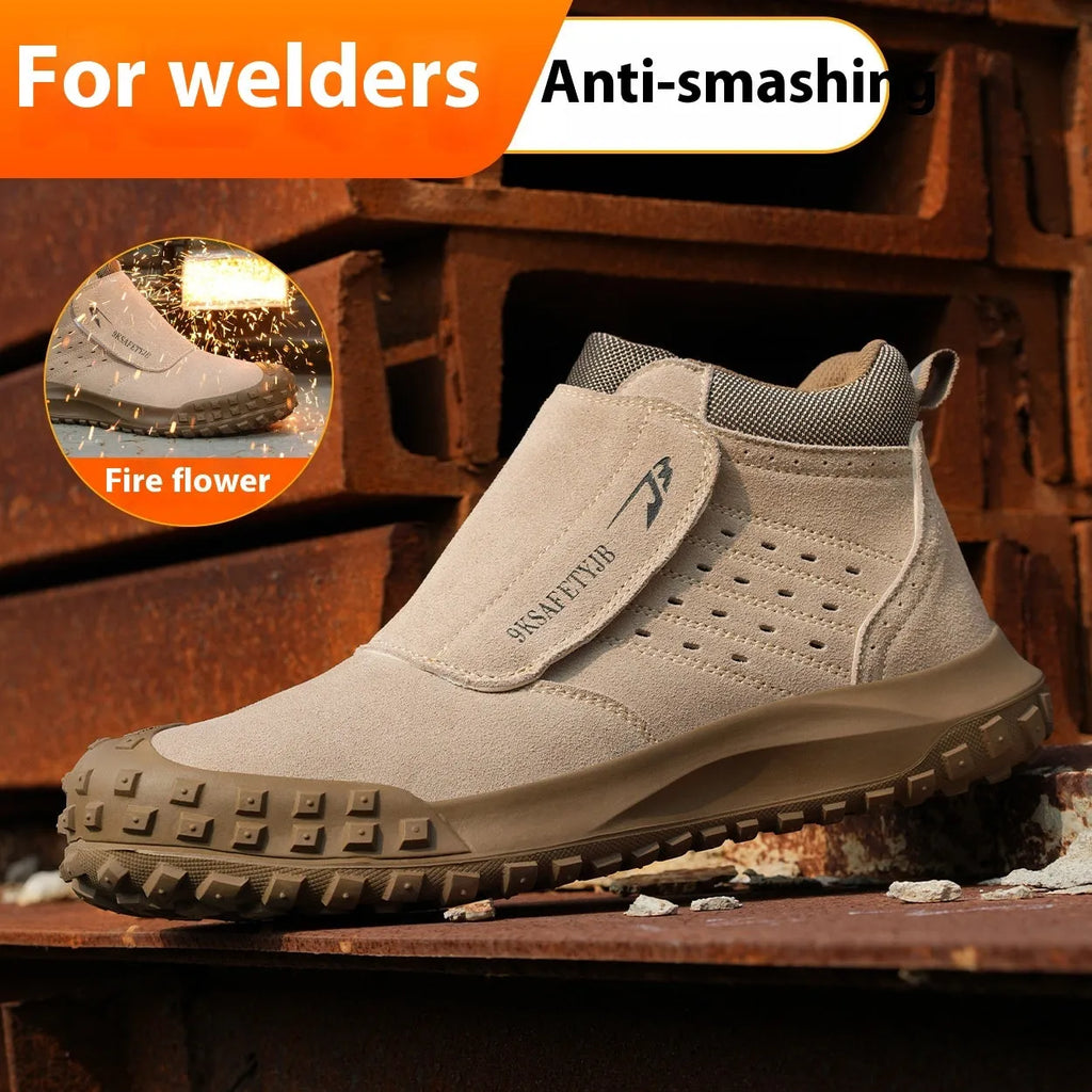 Lightweight grey welder safety shoe with steel toe cap and lace-up front on a worksite background.