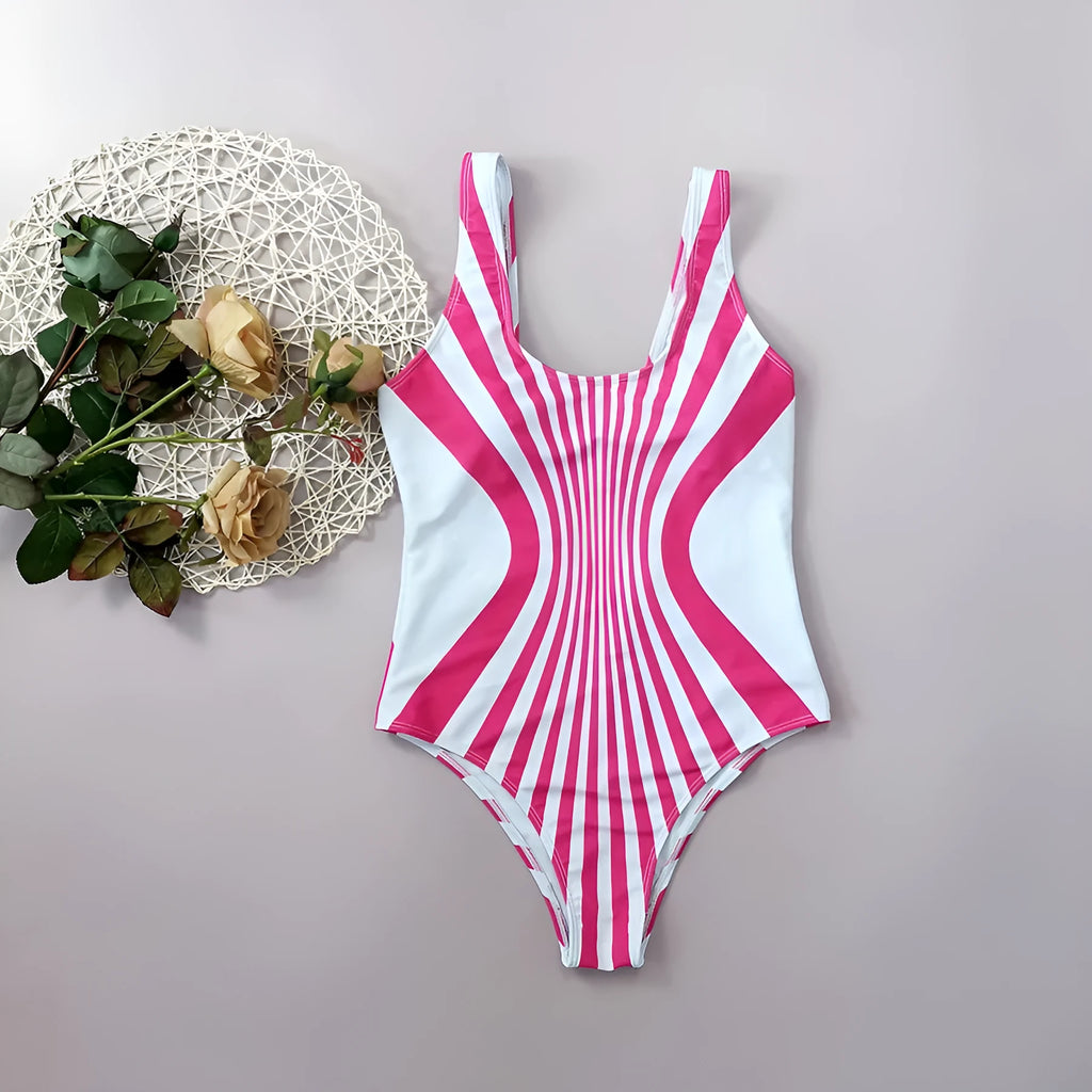 Pink striped digital print one-piece swimsuit for women, front and rear view.