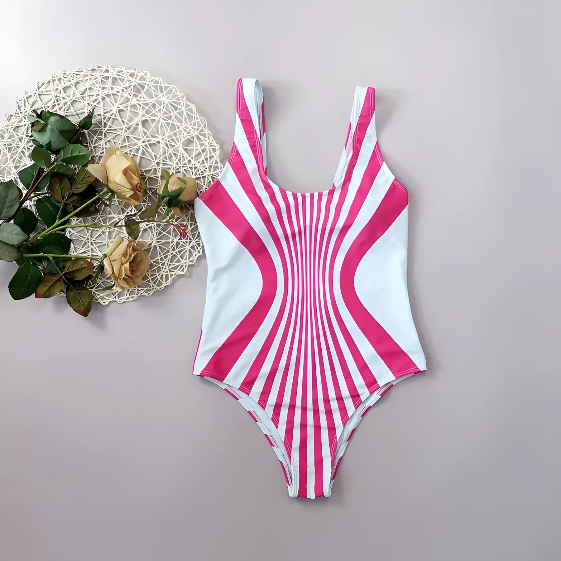 Pink striped digital print one-piece swimsuit for women, front and rear view.