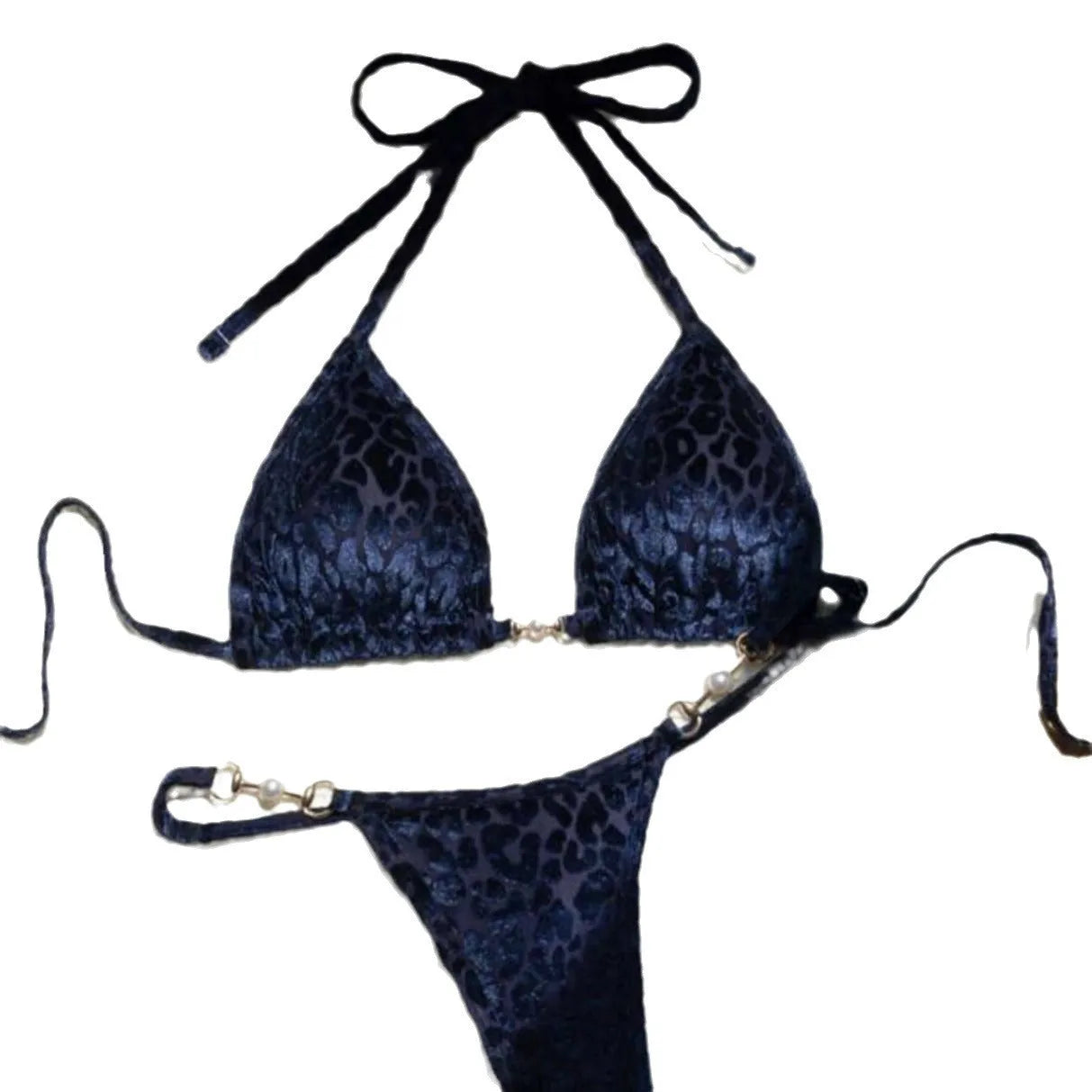 Pearl leopard print swimsuit bikini set with polyester fabric in blue and green leopard patterns
