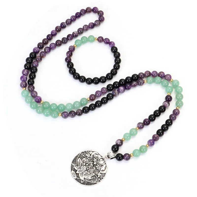 Yoga pendant necklace and matching bracelet with stone beads and geometric alloy pendant design
