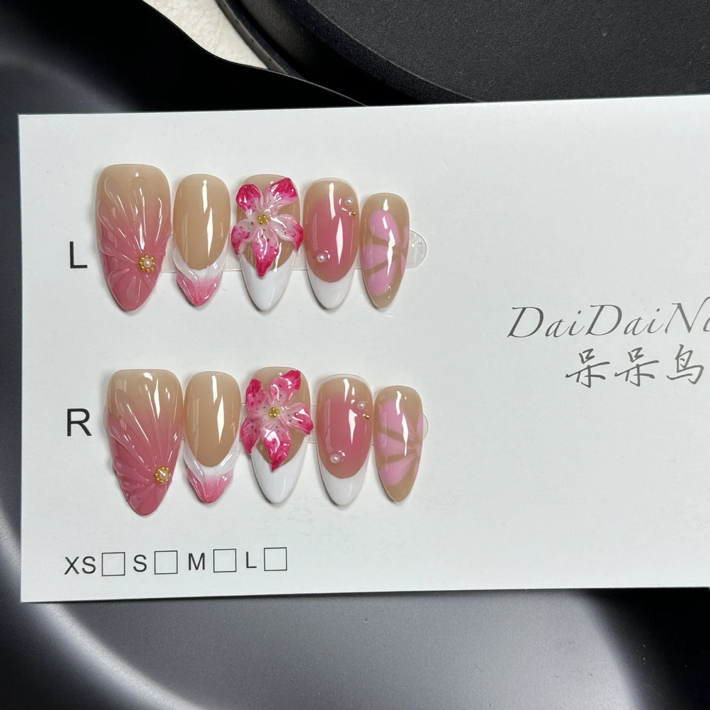 French style artificial nails with 3D Lily Fluid Ice Flower design in almond shape.