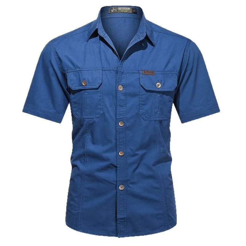 Men's short sleeve cotton work shirt in loose cardigan style with non-ironing treatment