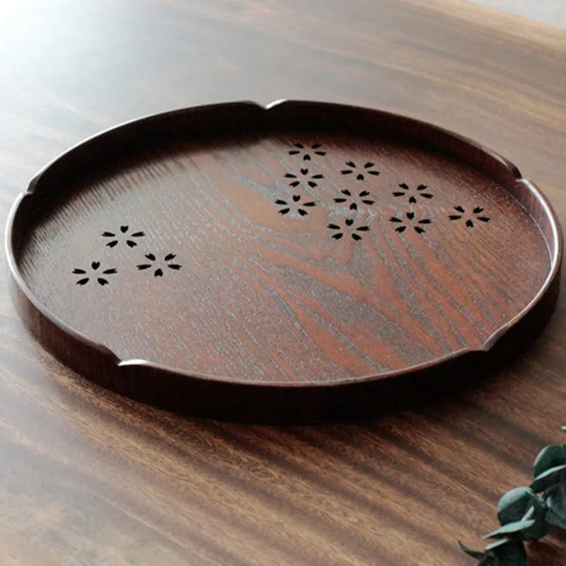 Wooden shallow plate with hollow cherry blossom pattern, 30cm diameter serving dish