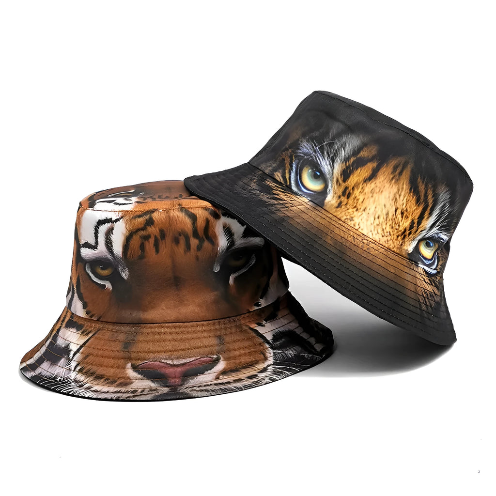 Khaki tiger print polyester bucket hat with dome crown shown at angle