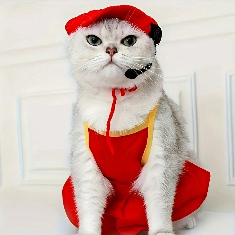 Handmade chef hat and cotton knitted sweater costume on a small cat