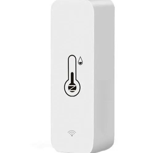 Compact white WiFi temperature and humidity sensor with digital display on ABS plastic case.