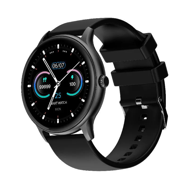Black smart watch with 1.28 inch screen displaying blood pressure and heart rate data on a silicone wristband.