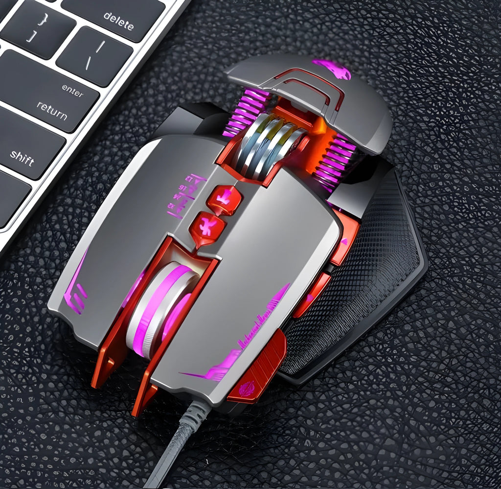 Black Thunder Wolf V9 wired gaming mouse with six buttons on an ergonomic shape