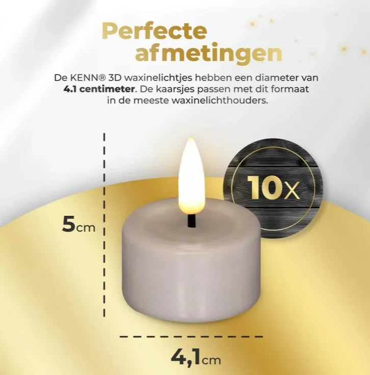 Taupe-coloured S10 LED tealight candle with 3D flickering flame, measuring 4.1 cm wide by 5 cm tall.