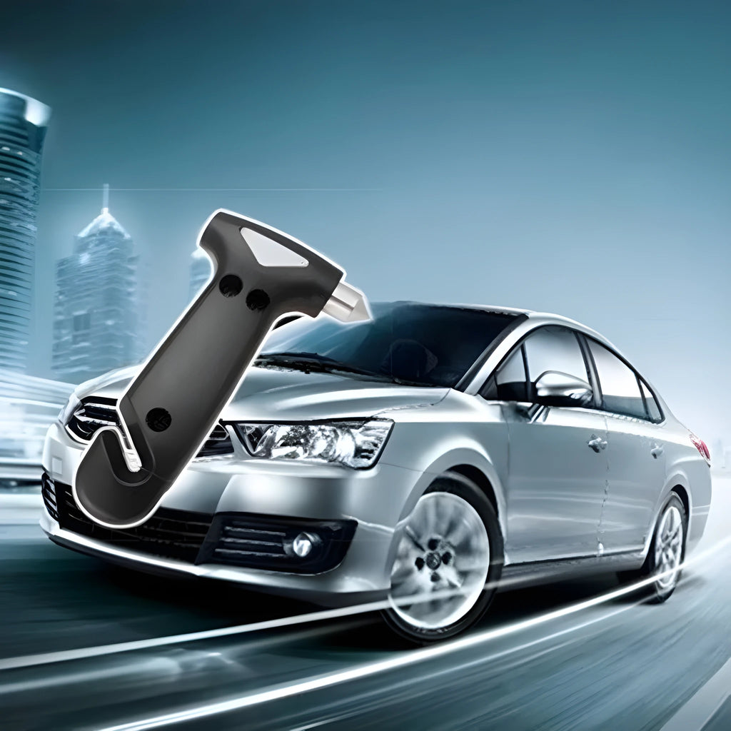 Automobile emergency multifunctional escape hammer in black plastic on white background