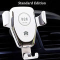 Black car wireless charger mounted on vent holding an iPhone for hands-free charging