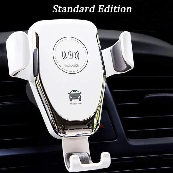 Black car wireless charger mounted on vent holding an iPhone for hands-free charging