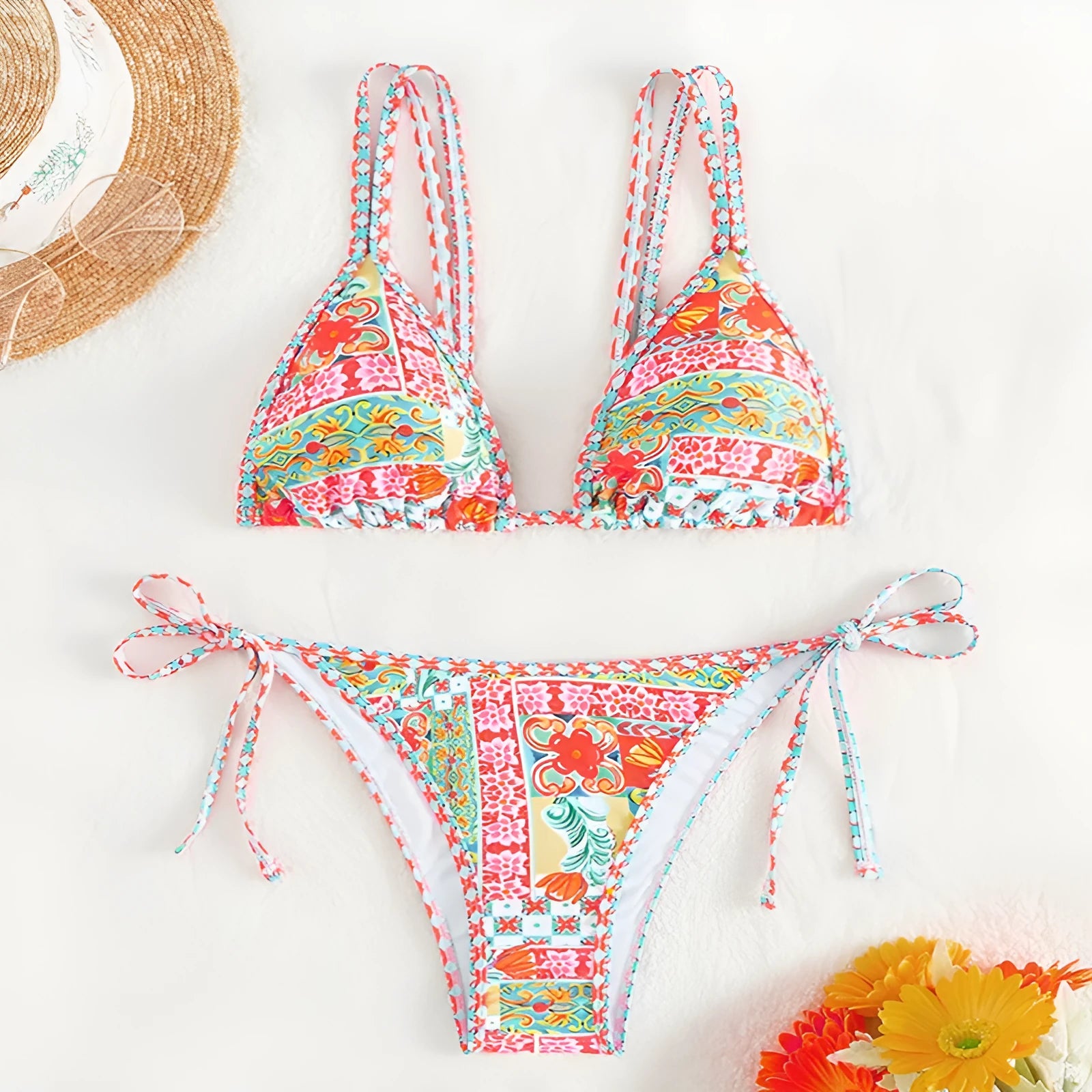 Women's lace-up front split briefs swimsuit bikini set in picture colour.
