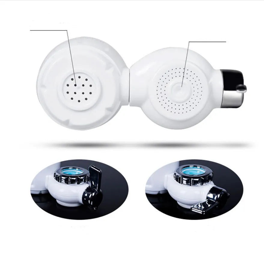 White plastic kitchen tap water filter with universal adapter and ceramic cartridge