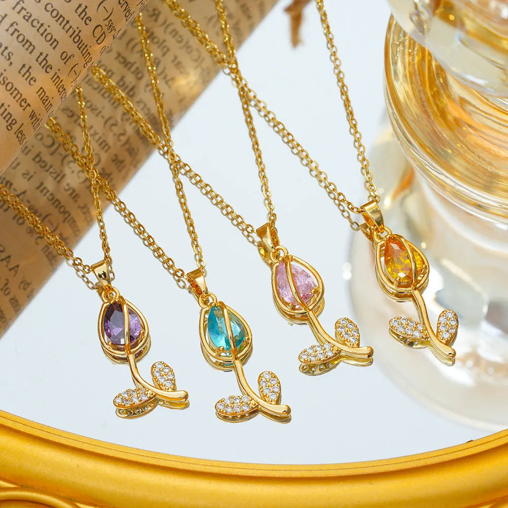 Zircon tulip necklace with titanium steel chain and gold flower pendant on adjustable O-ring