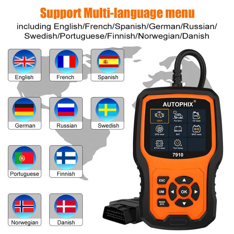 Autophix 7910 automotive diagnostic scanner for BMW vehicles with OBD2 connector
