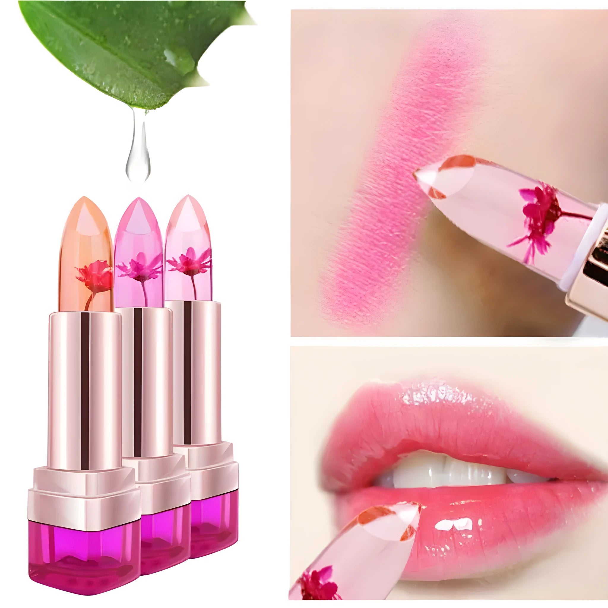 Temperature change lipstick in three colours grape juicy peach and lemon with soft texture and fresh flowers fragrance
