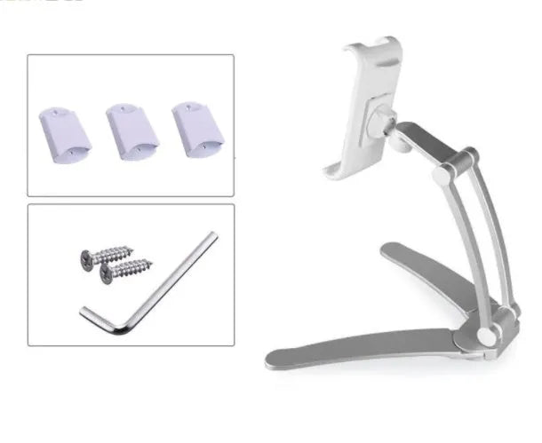 Aluminium alloy desktop tablet stand with adjustable clip holding a tablet at an angle
