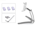 Aluminium alloy desktop tablet stand with adjustable clip holding a tablet at an angle