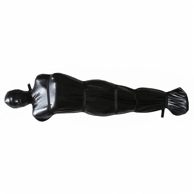 Black patent leather bondage set showing full-body restraint wrap and six ratchet tie-down pieces