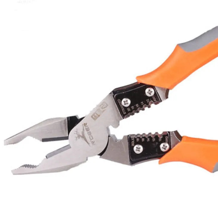 Orange multi-function wire cutter with forged steel head and textured PVC handle on a workbench.