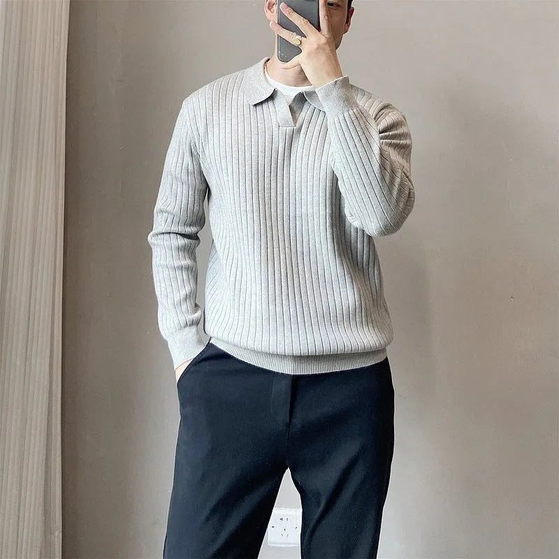 Men's loose fit knitted pullover sweater with texture lapel in light grey colour