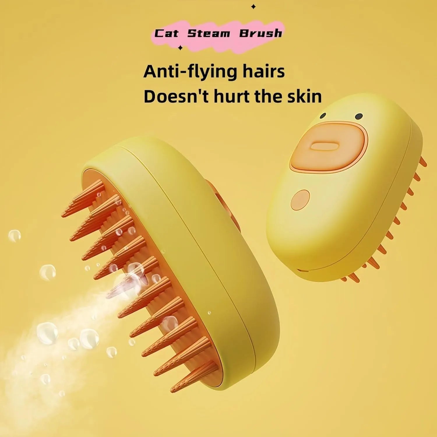 White and yellow rechargeable pet steam brush with rubber comb teeth and water tank.