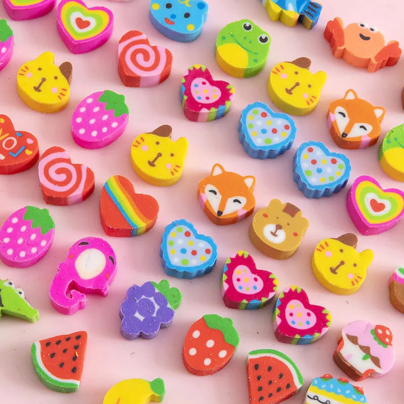50 small cartoon fruit and animal themed rubber erasers in a pearlescent bag.