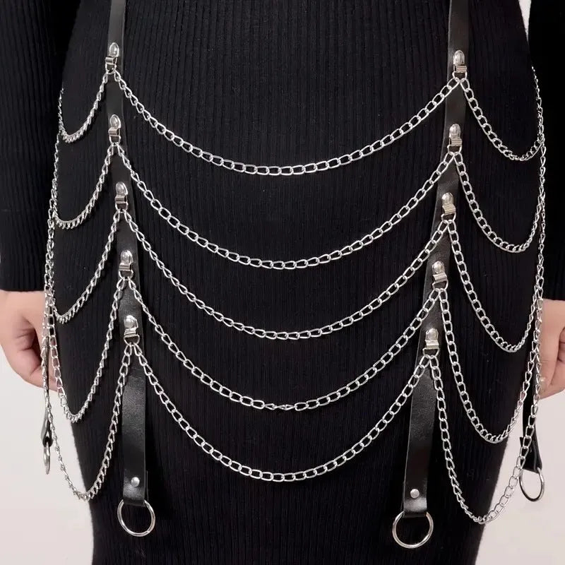 Black PU leather adjustable waist chain ornament for adult women.
