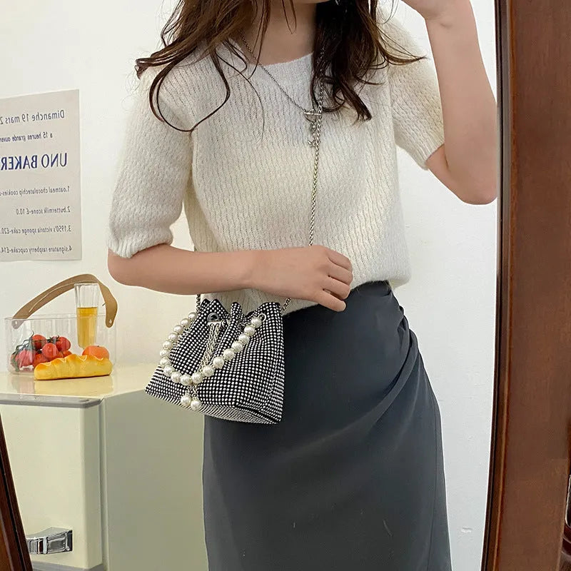 Fashion light diamond shoulder bag western style chain crossbody in black white silver