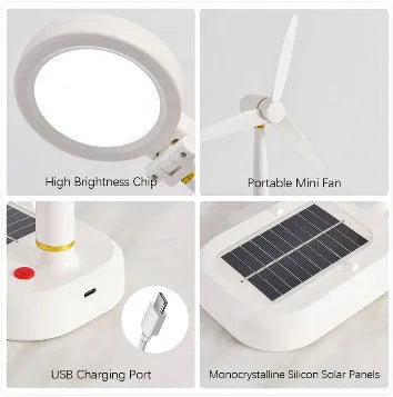 Ivory white solar-powered table fan with integrated LED desk lamp on a wooden table