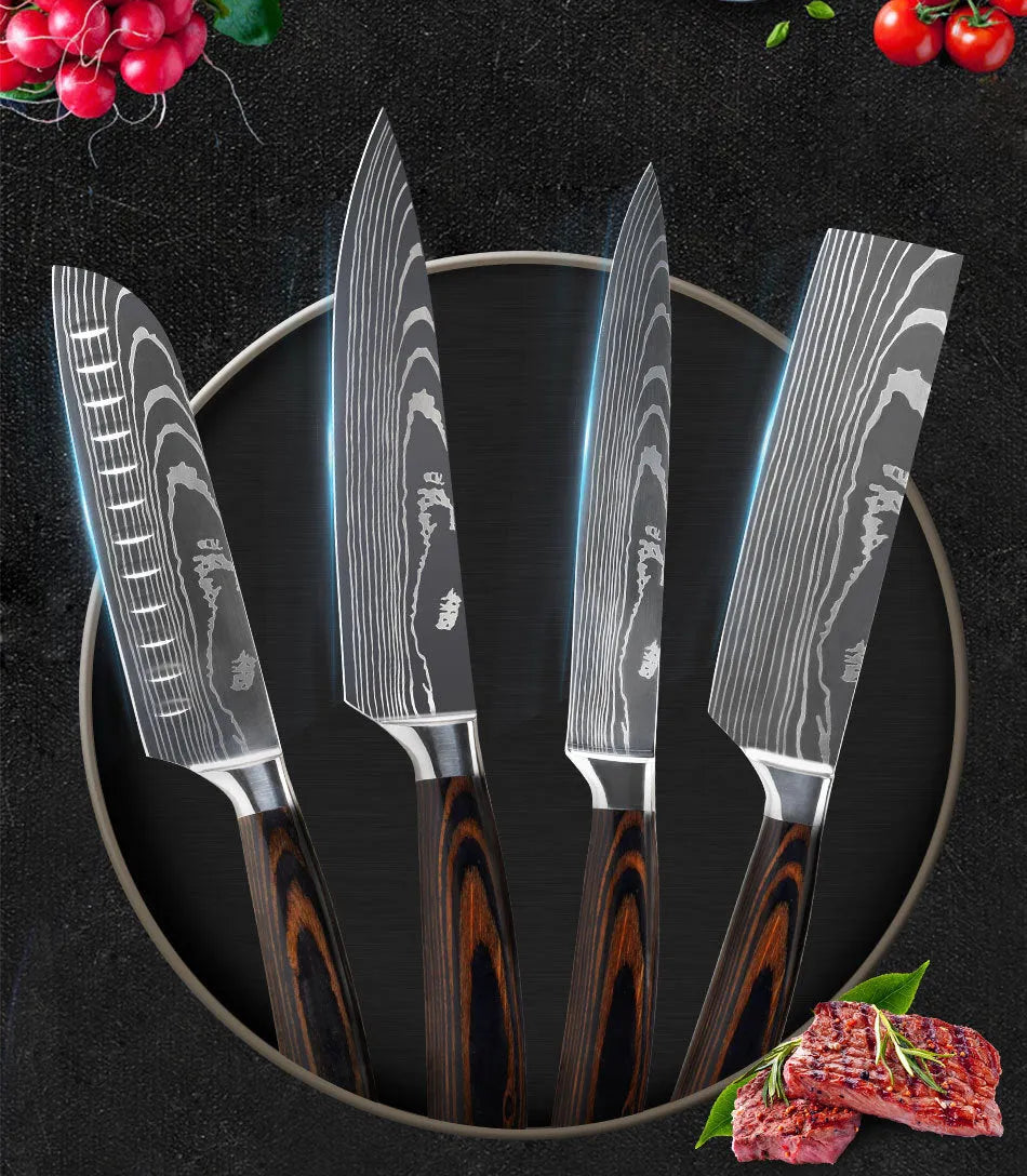 Chef knife with Damascus steel blade, color steel handle, 30cm length for kitchen use