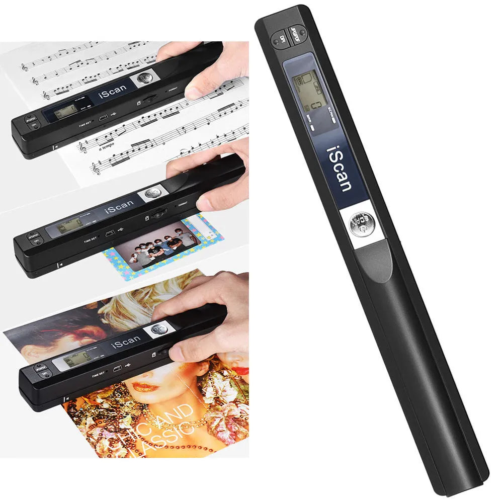 Handheld USB-C barcode scanner in black, blue, green, red, and silver colour options