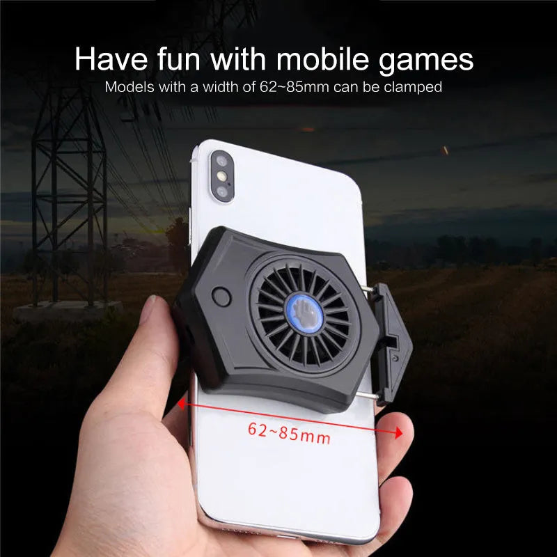 Black USB mobile phone cooling radiator attached to the back of a smartphone