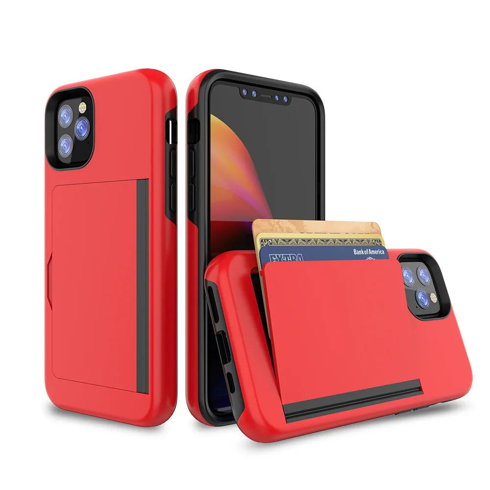 A solid-colour hard back cover case for the iPhone 11, shown in a choice of black, red, pink, blue, dark blue, and purple.