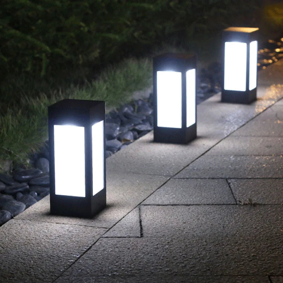 Solar garden lights with LED illumination for outdoor courtyard and landscape areas