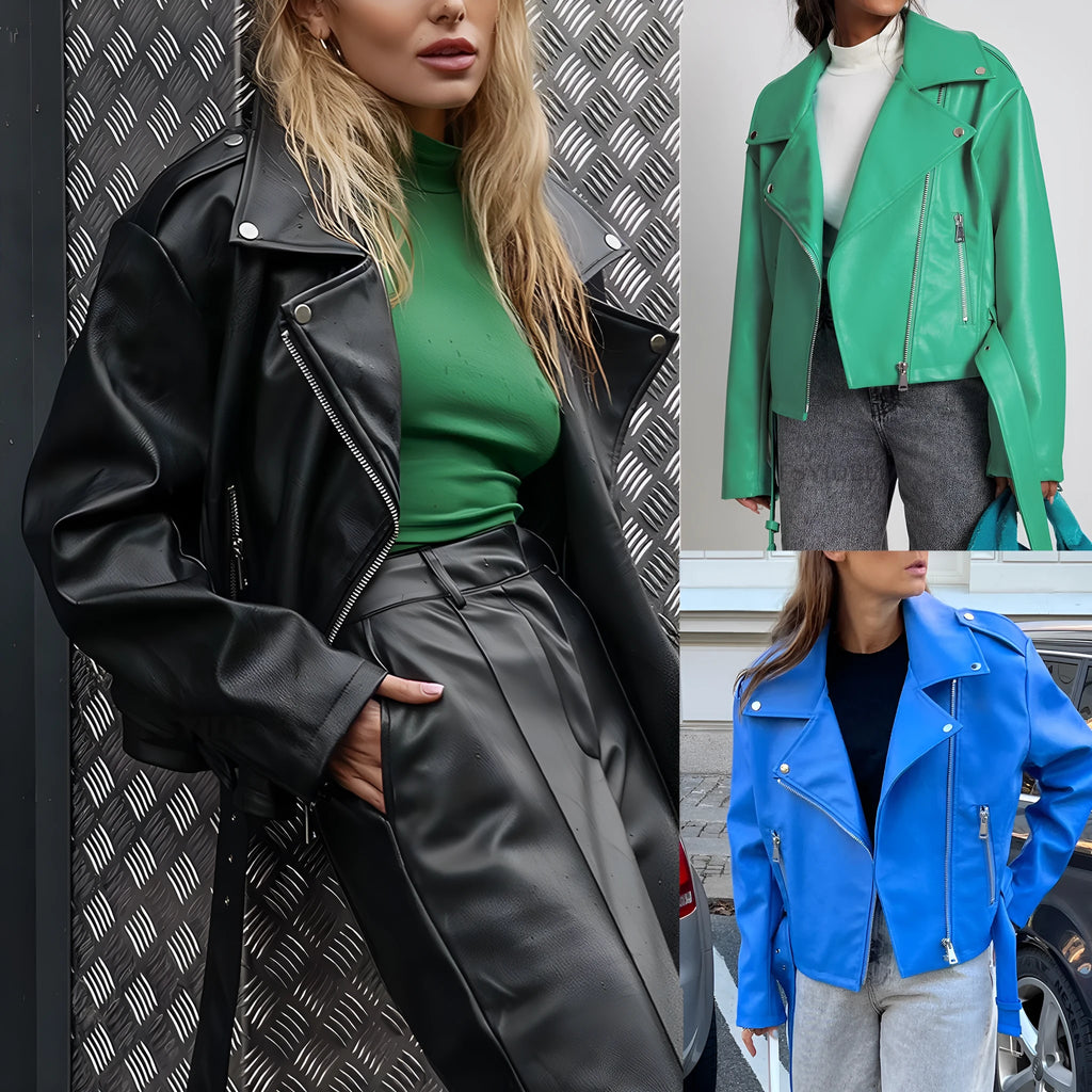 Black leather punk jacket with Peter Pan collar and drawstring waist closure