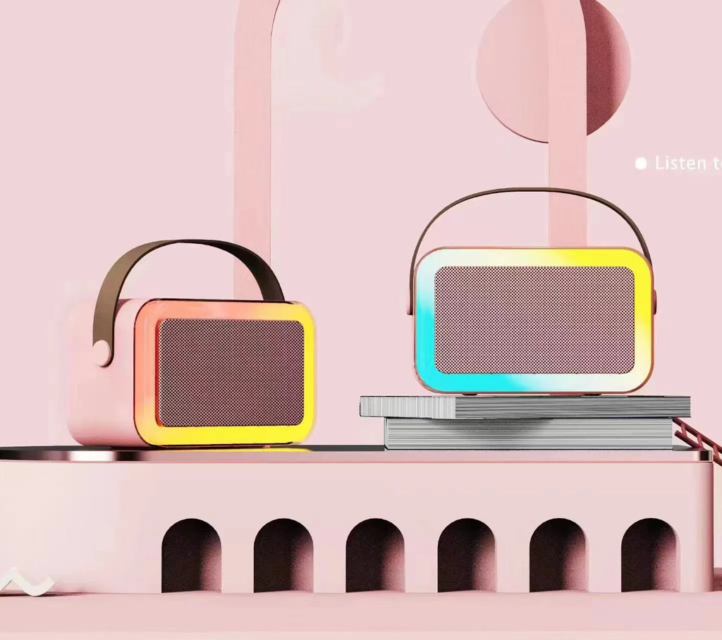 Portable Bluetooth microphone speaker with coloured LED lights in white, pink, or sky blue colour options