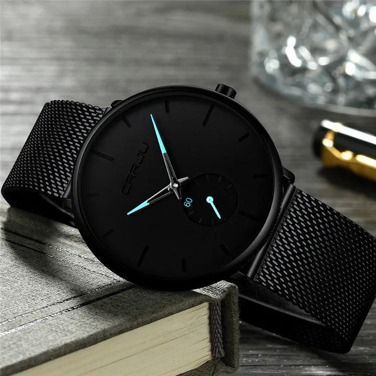 Simple ultra-thin round mesh belt watch with blue needle display