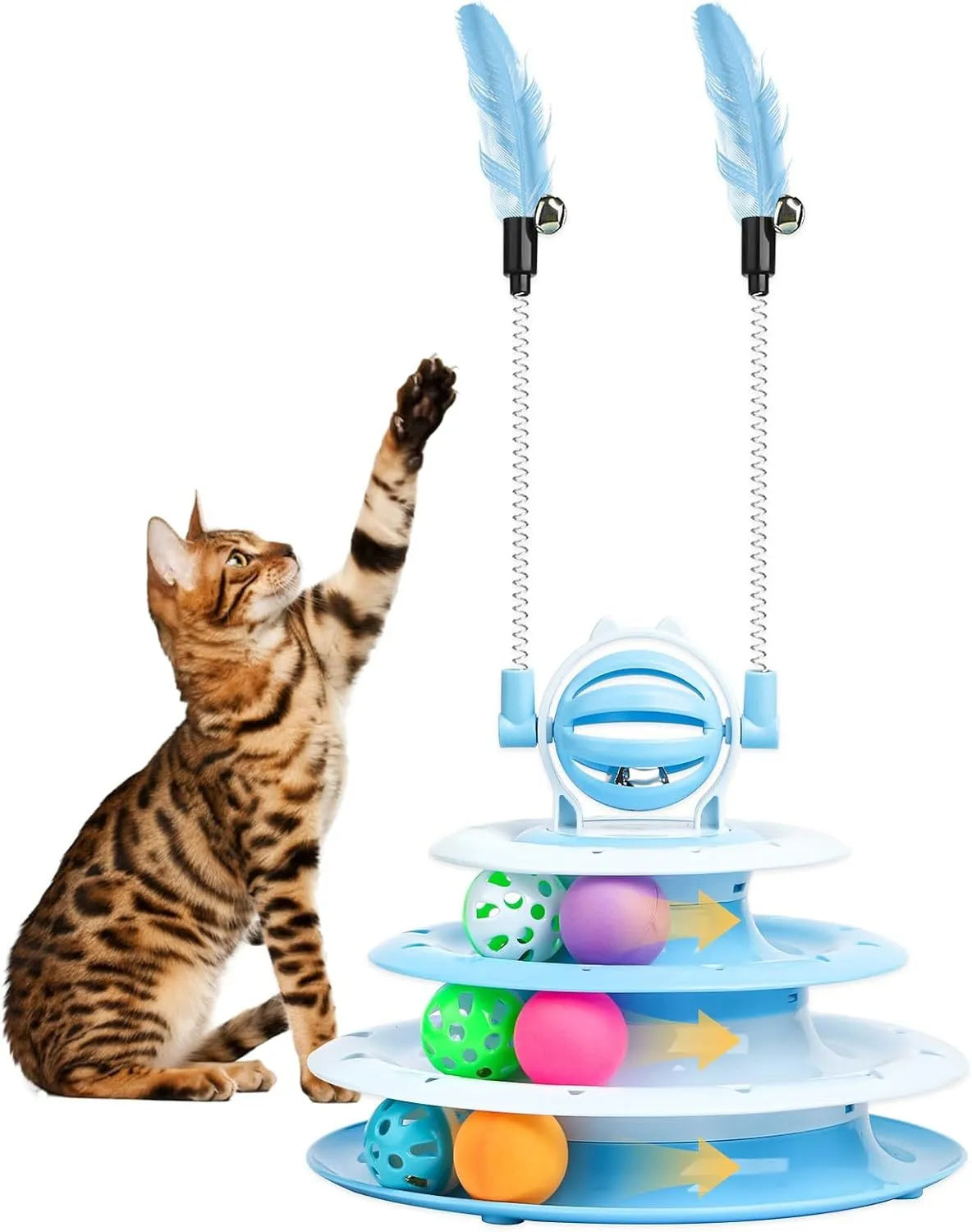 Blue 4-tier interactive cat puzzle toy with balls and teasing rods