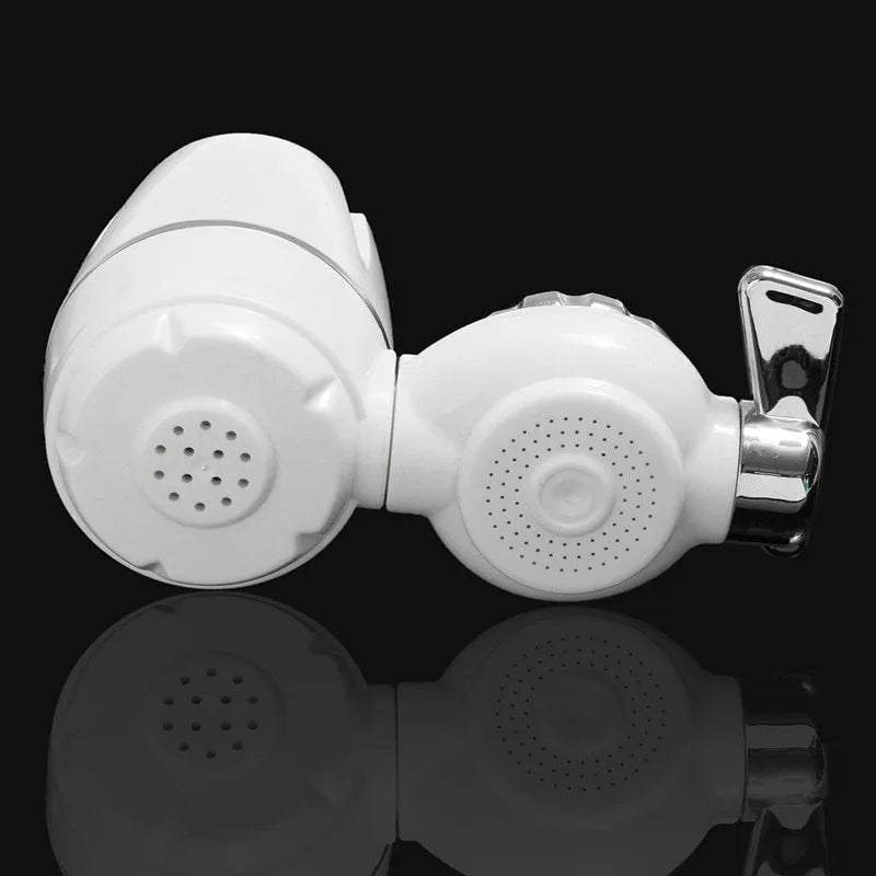White plastic kitchen tap water filter with universal adapter and ceramic cartridge