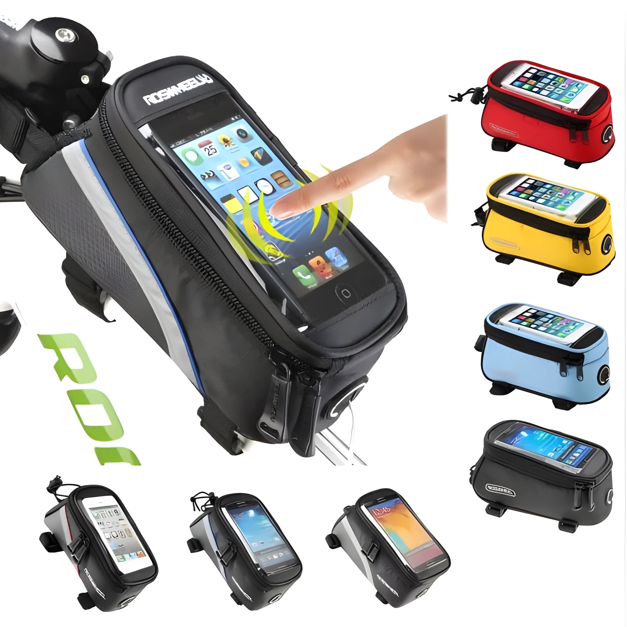 ROSWHEEL bicycle frame bag with phone holder in black mounted on bike frame