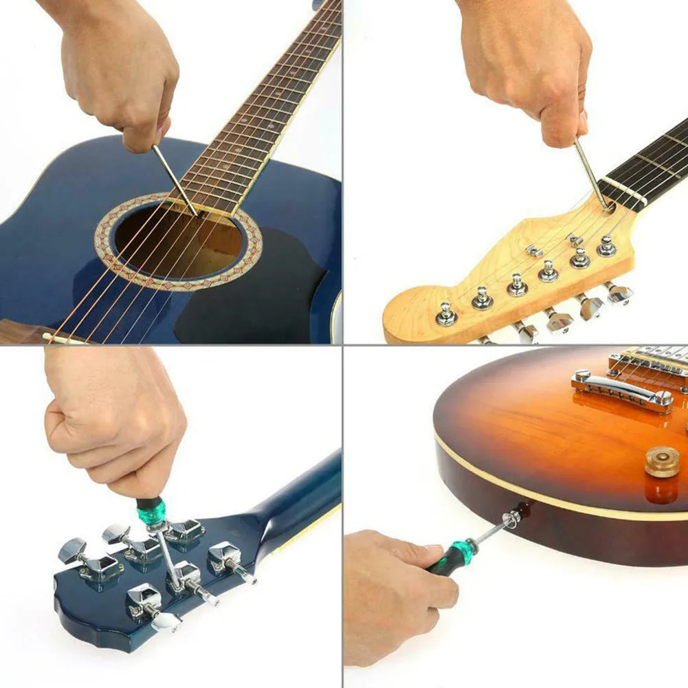Black plastic case of guitar repair tool kit with metal components for instrument maintenance.