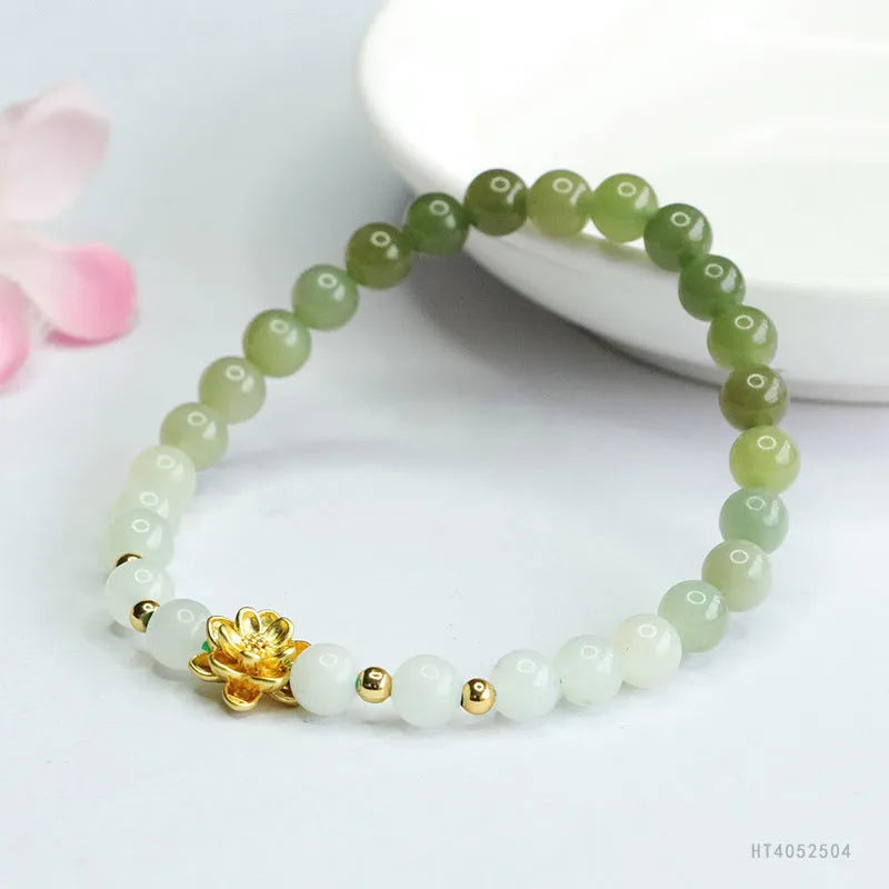 Hand-woven hetian jade gradient lotus flower bracelet with 6mm beads and national style design