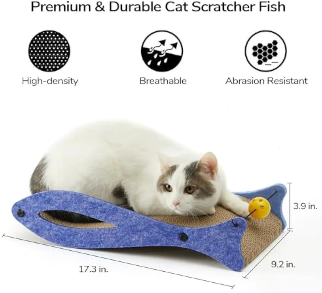 Blue fish shaped cat scratcher with cardboard surface and ball toy on elastic cord
