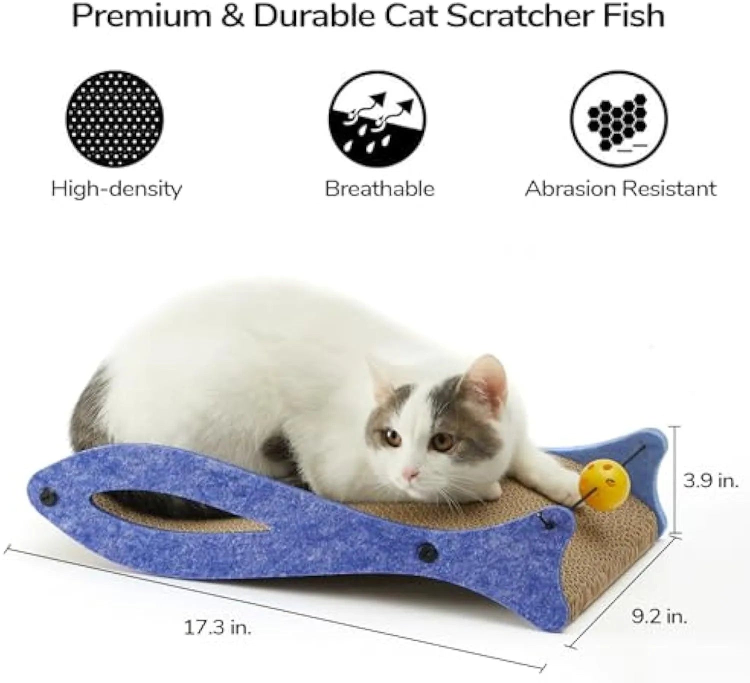 Blue fish shaped cat scratcher with cardboard surface and ball toy on elastic cord